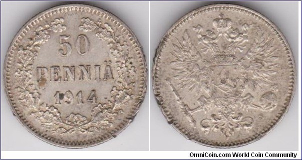 FINLAND under Russia 1914-S silver 50 Pennia