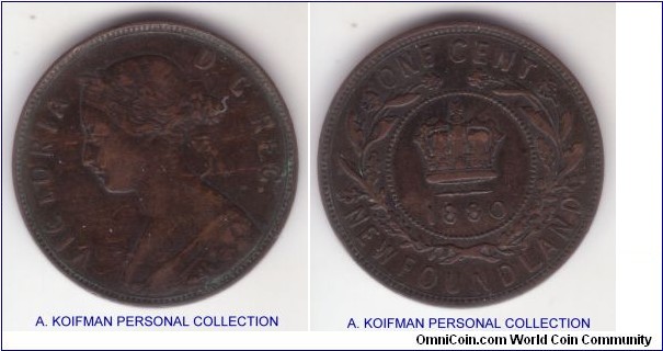 KM-1, 1880 Newfoundland cent; bronze, plain edge; dark good fine to very fine, round 0 evenly placed within  the date.