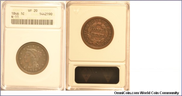 1846 N-11 VF20 Large Cent - certified by ANACs