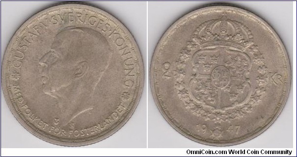 Sweden Gustaf V 1947 TS 2 Kronor Silver