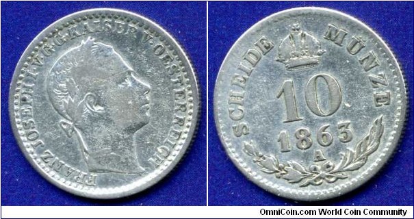 10 neuenkreuzer.
Austrian Empire.
Franc Ioseph I (1848-1916).
*A* - Wien mint.
Mintage 630,000 units.


Ag500f. 2,0gr.