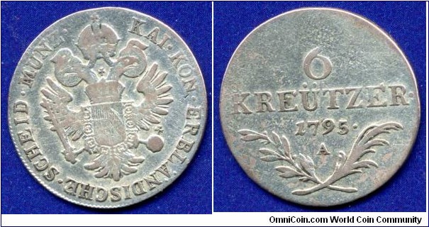 6 kreutzer.
Archduchy of Austria.
Erzherzog Francisc II (1792-1805), von Habsburg.
 - Loose Change of Crown land.
*A* - Wien mint.


Ag250f. 2,34gr.