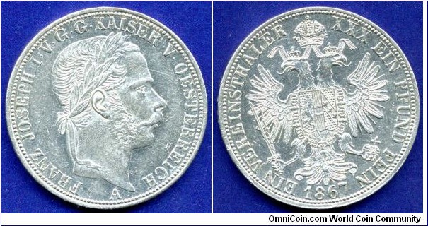 1 Thaler (Vereinsthaler).
Austrian Empire.
Franz Ioseph I (1848-1916).
*A* - Wien mint.
Mintafe 850,000 units.


Ag900f. 18,52gr.