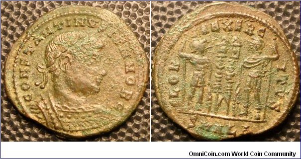 Alexandria Mint,
RIC VII 59 Constantine II AE3. CONSTANTINVS IVN NOB C, laureate cuirassed bust right / GLORIA EXERCITVS, two soldiers holding spears & shields, two standards between them, SMALA in ex.