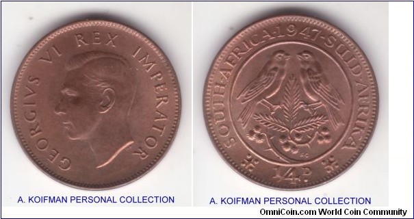 KM-32.1, South Africa (Dominion) farthing (1/4 penny); bronze, plain edge; good red-brown uncirculatedcoin.