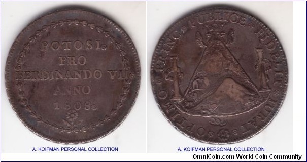 1808 Bolivia Ferdinand VII proclamation medal, 8 reales size; silver, grained edge; good very fine or better condition.