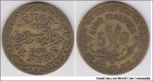 1935 State of Syria 5 Piastres