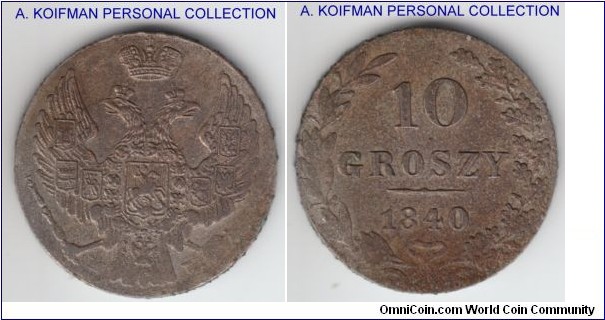 C#113a, Poland 1840 10 groszy, Warsaw mint (MW mintmark); billon, plain edge; extra fine or about but corrosion and some encrusting on the edge.