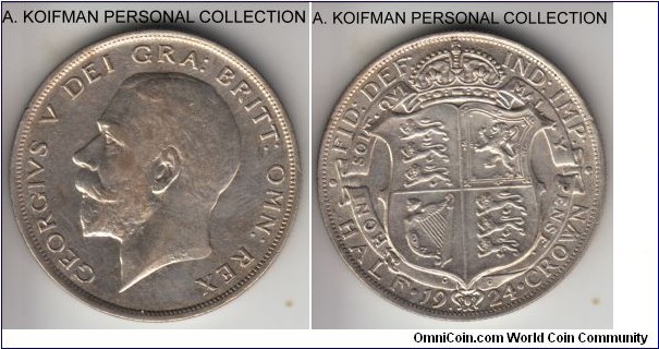 KM-818.2, 1924 Great Britain half crown; silver, reeded edge; good extra fine to about uncirculated but cleaned.
