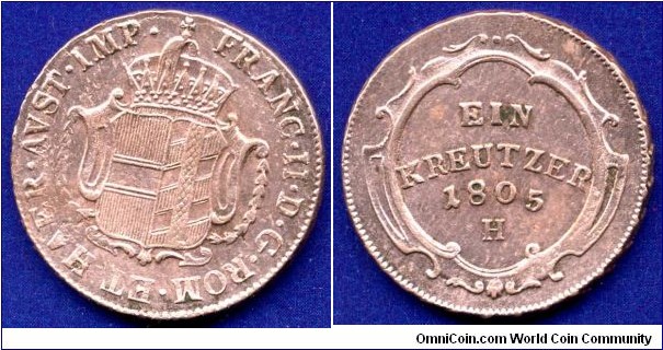 1 kreuzer.
Burgau.
Franc II (1792-1806), as Emperor of Holy Roman Empire and as Emperor of Austria Franc I (1805-1835).
*FRANC.II.D.G.ROM.ET.HAER.AUST.IMP.*.
*H* - Günzburg mint.


Cu.