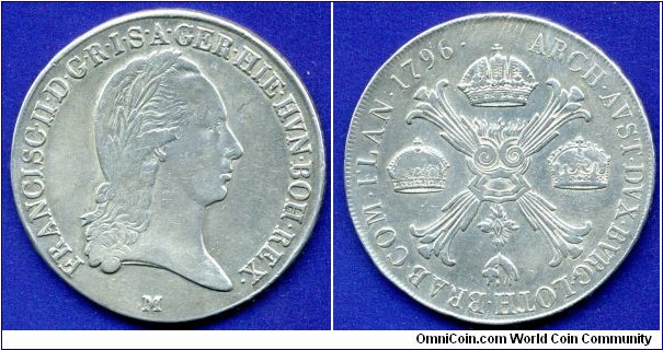 Crocione (Kronenthaler).
Austrian Northen Italy.
Francisc II (1792-1806) Emperor of Holy Roman Empire.
*M* - Milan mint.


Ag873f. 29,44gr.