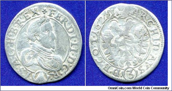 3 kreuzer.
Archduchy of Austria.
Ferdinand II (1619-1633), Emperor of Holy Roman Empire.
Ratibor mint.


Ag414f. 1,74gr.