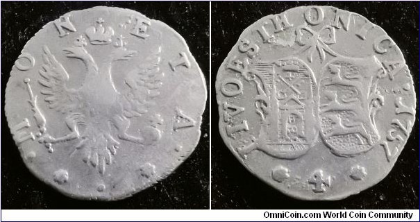 Russia Livonia 1757 4 kopek. Nice condition. One year type. Weight: 0.97g.