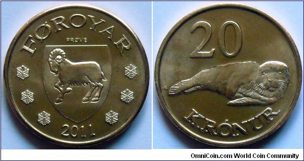 20 kronur.
2011, Faroe Islands.
Grey Seal
(unofficial pattern)