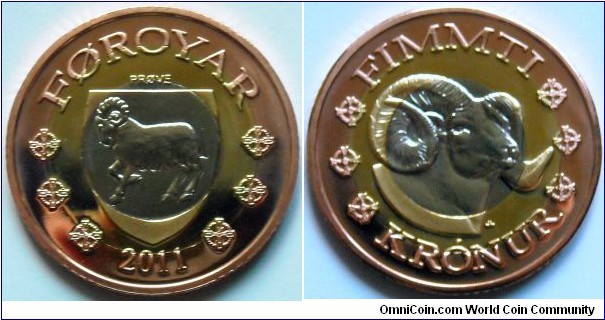 50 kronur.
2011, Faroe Islands.
Ram's head. Trimetal coin (unofficial pattern)