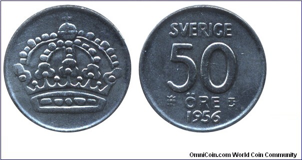 Sweden, 50 öre, 1956, Cu-Ag, 22mm, 4.8g, 40% silver, Crown.