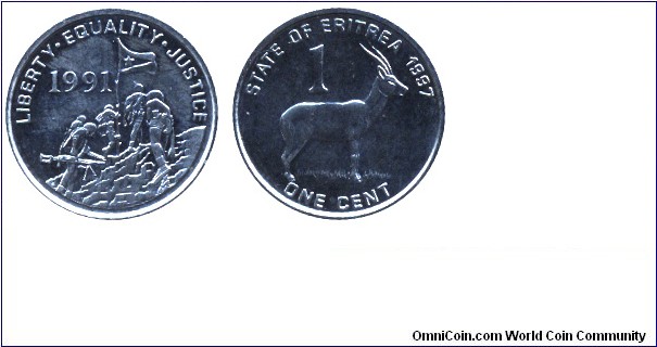 Eritrea, 1 cent, 1997, Ni-Steel, 17mm, 2.2g, Gazelle, 1991: Liberty, Equality, Justice.