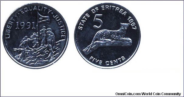 Eritrea, 5 cents, 1997, Ni-Steel, 18.9mm, 2.7g, Leopard, 1991 Revolution: Liberty, Equality, Justice