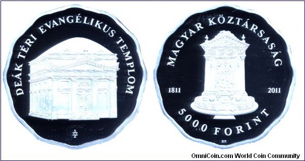 Hungary, 5000 forints, 2011, Ag, 38.61mm, 31.46g, MM: Budapest (BP), Masterpieces of Ecclesiastical Architecture: The Deák tér Lutheran Church of Budapest.