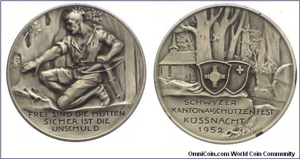 1952 Kussnacht Schwyzer Kontanal Schutzenfest Medal by Hans Frei. Silver 42MM./29.84 gm.

