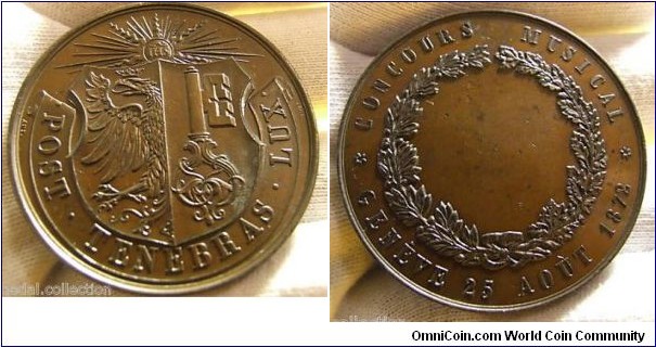 1878 Swiss Geneve Post Tenebras Lux Dampflock decorated flags heraldic Musical Medal by A. Bovy. Bronze 52MM.67.3 gm
