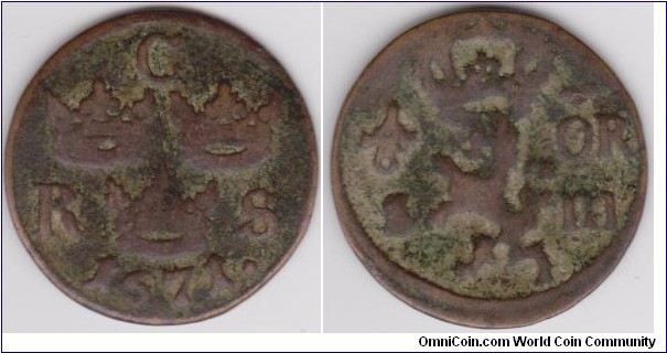 Rare 1/6 Copper Öre,Sweden Carl XI, CRS-Carolus Rex Sveciae