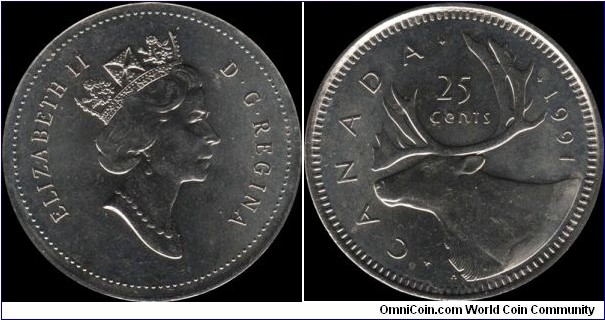 Canada 25 Cents 1991 Scarce: only 459,000 minted