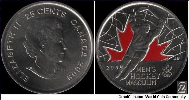 Canada 25 Cents 2009 Men's Hockey - Counter Sunk 2 Variety Common: 2,800,000 minted