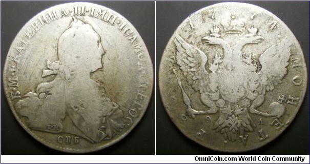 Russia 1774 1 ruble, struck in St. Petersburg. Looks like old cleaning. Weight: 24.09g. 