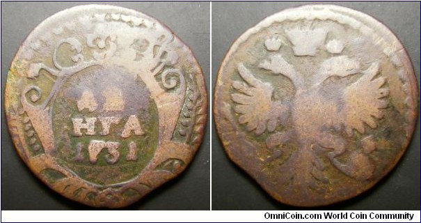 Russia 1731 denga. Seems to have no line in between the characters denga and the date 1731. Low grade. Weight: 7.17g