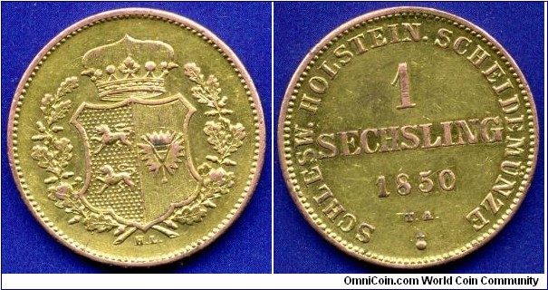 1 sechsling (6 pfennige).
Schleswig-Holstein.
*TA* - mintmaster Theodor C. W. Andersen, work on Altona mint.
Mintage 203,000 units.


Cu. Coin for some reason, gold-plated.