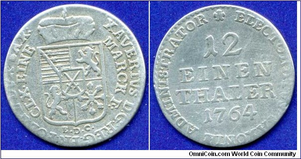 1/12 Thaler (Doppelgroschen).
Sachsen.
Xaver, Prince Regent (1763-1768).
*EDC* - Dresden mint, mintmaster Ernst Dietrich Croll, work in 1764-78.


Ag437f. 3,34gr.