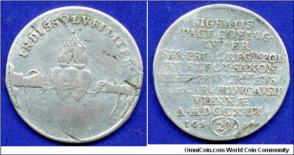 2 Groschen (1/12 Thaler).
Sachsen.
Friedrich Aigust I (1694-1733).
Marriage of the Electoral Prince & Archduchess M. Joseffa von Osterreich.
*IGS* - mintmaster Iohann Georg Schomberg, work on Dresden mint in 1716-34.


Ag.