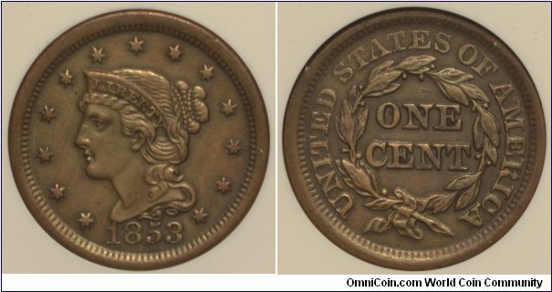 1853 N13 Large Cent AU50 certified by ANACs
