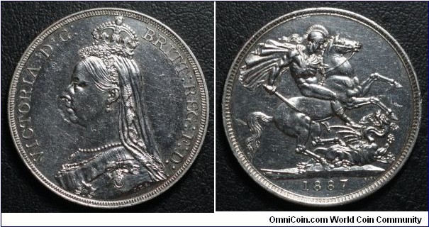 1 Crown 1887 
Obverse: Queen Victoria Reverse: St. George Mintage: 173,000 Silver: .925