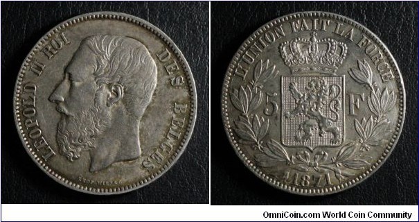 5 Francs Obverse: Leopold II Reverse: Seal of the Royal House, Mintage: 4,783,000 Silver: .900