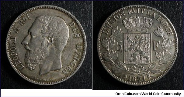5 Francs Obverse: Leopold II Reverse: Seal of the Royal House, Mintage: 4,783,000 Silver: .900