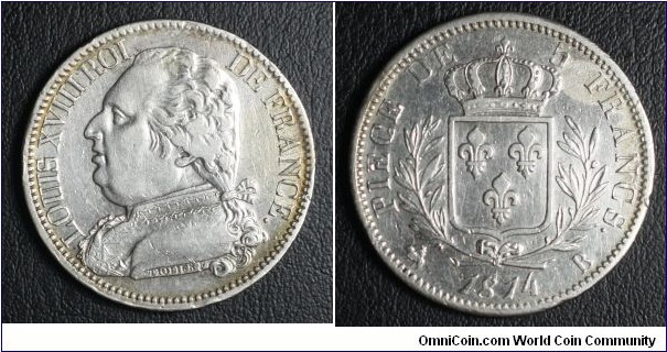 5 Francs 1st Restoration Obverse: Louis XVIII Reverse: House of Bourbon Mintage: 634,000 Silver: .900