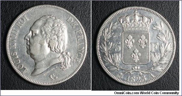 5 Francs 2nd Restoration Obverse: Louis XVIII Reverse: House of Bourbon Mintage: 6,536,000 Silver .900