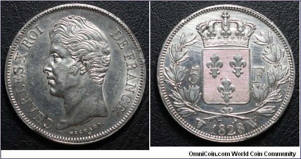 5 Francs Obverse: Charles X Reverse: Bourbon House Mintage: 9,610,000 Silver: .900