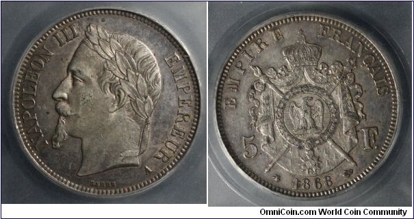 5 Francs Obverse: Imperial Bust of Napoleon III Reverse: Napoleonic Imperial Seal Mintage: 6,634,000 Silver: .900