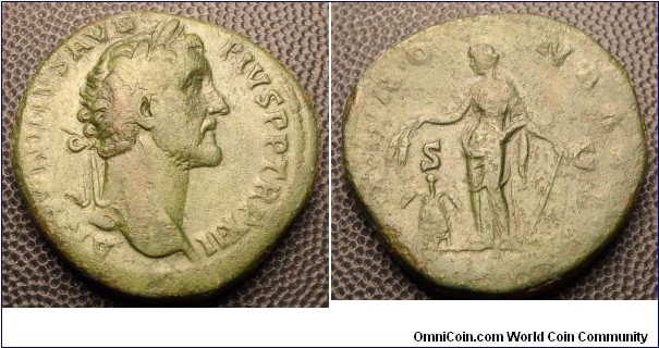 Antoninus Pius AE Sestertius. 148-149 AD. ANTONINVS AVG PIVS P P TR P XII, laureate head right / ANNONA AVG COS IIII S-C, Anonna standing left holding corn ears & anchor, modius at left. Cohen 41. RIC 854, 32mm,23gms