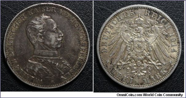 3 Mark Obverse: Wilhelm II of Prussia Reverse:House of Prussia Mintage: 2,022,000 Silver .900 