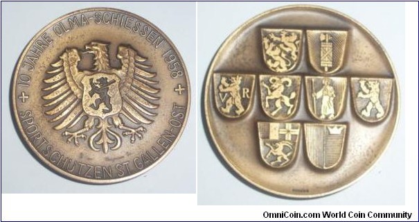 1958 St. Gallen Sportschutzen Medal by Huguenin. Bronze 50MM./52.7 gm. Mintage 340.
