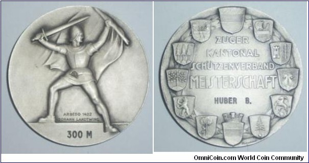 1952 Zug Meisterchaft Medal by Hugunin. Silver plated Bronze 60MM./95.7 gm.
