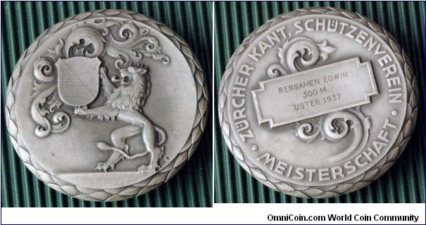 1937 Uster Zurcher Kontanal Schutzenverein Meisterschaft by Huguenin. Silver  60MM./108gm.
