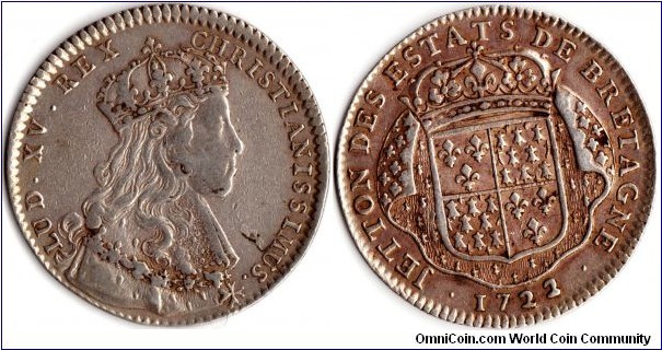 scarcer silver jeton de presence issued in 1722 to members of the Bretonese parliament by his most christian (christianissimus) majesty, Louis XV of France