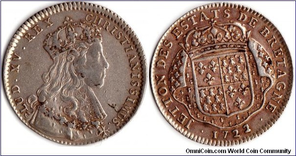 scarcer silver jeton de presence issued in 1722 to members of the Bretonese parliament by his most christian (christianissimus) majesty, Louis XV of France