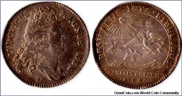 scarcer silver jeton issued in 1704 during the reign of the sun king Louis XIV for M'sieu Boucher's second term of office as Mayor of Paris