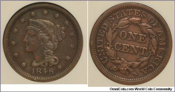1846 N11 Large Cent VF20 certified by ANACS
